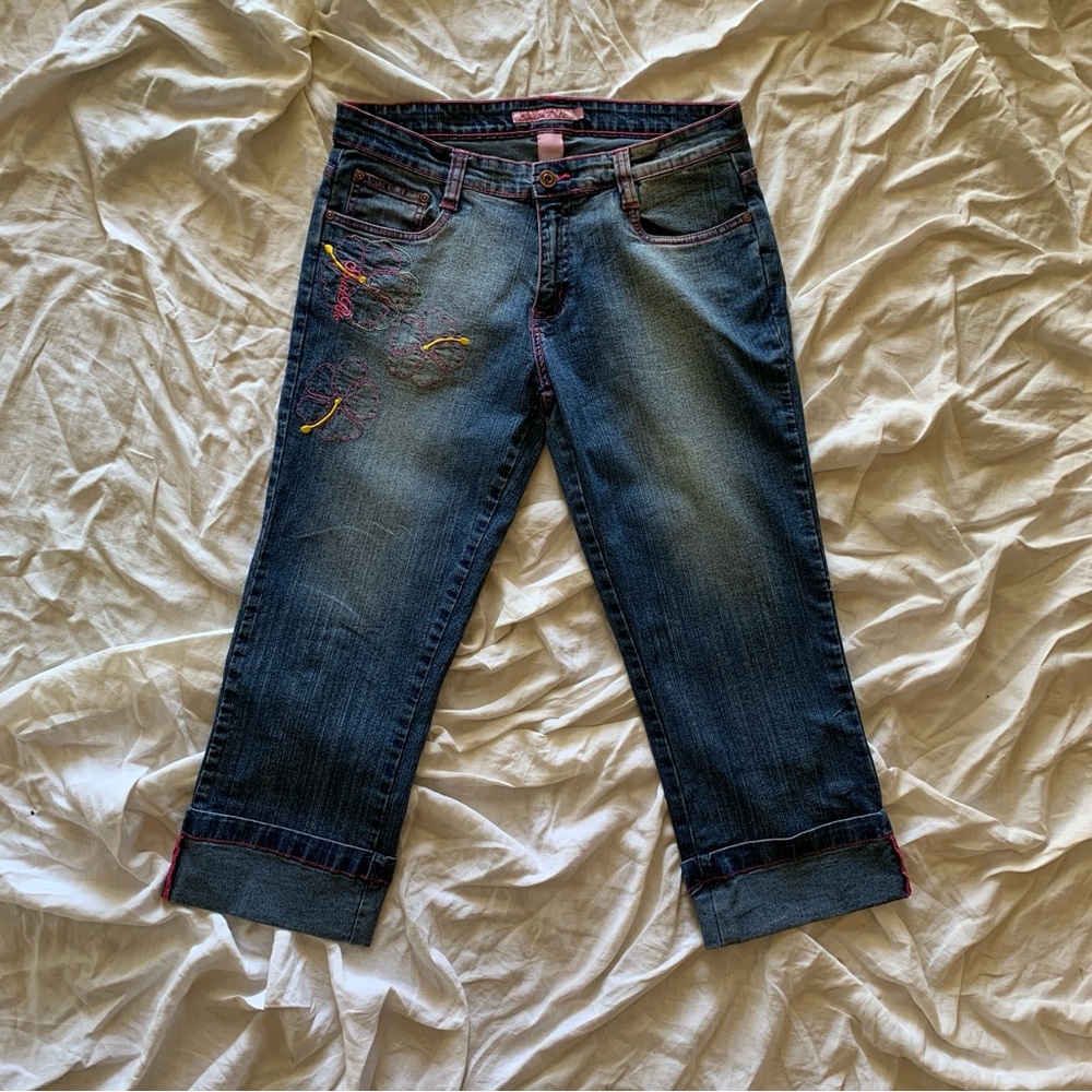 Embroidered South Pole Blue Ankle Cropped Jeans with Rolled Cuffs